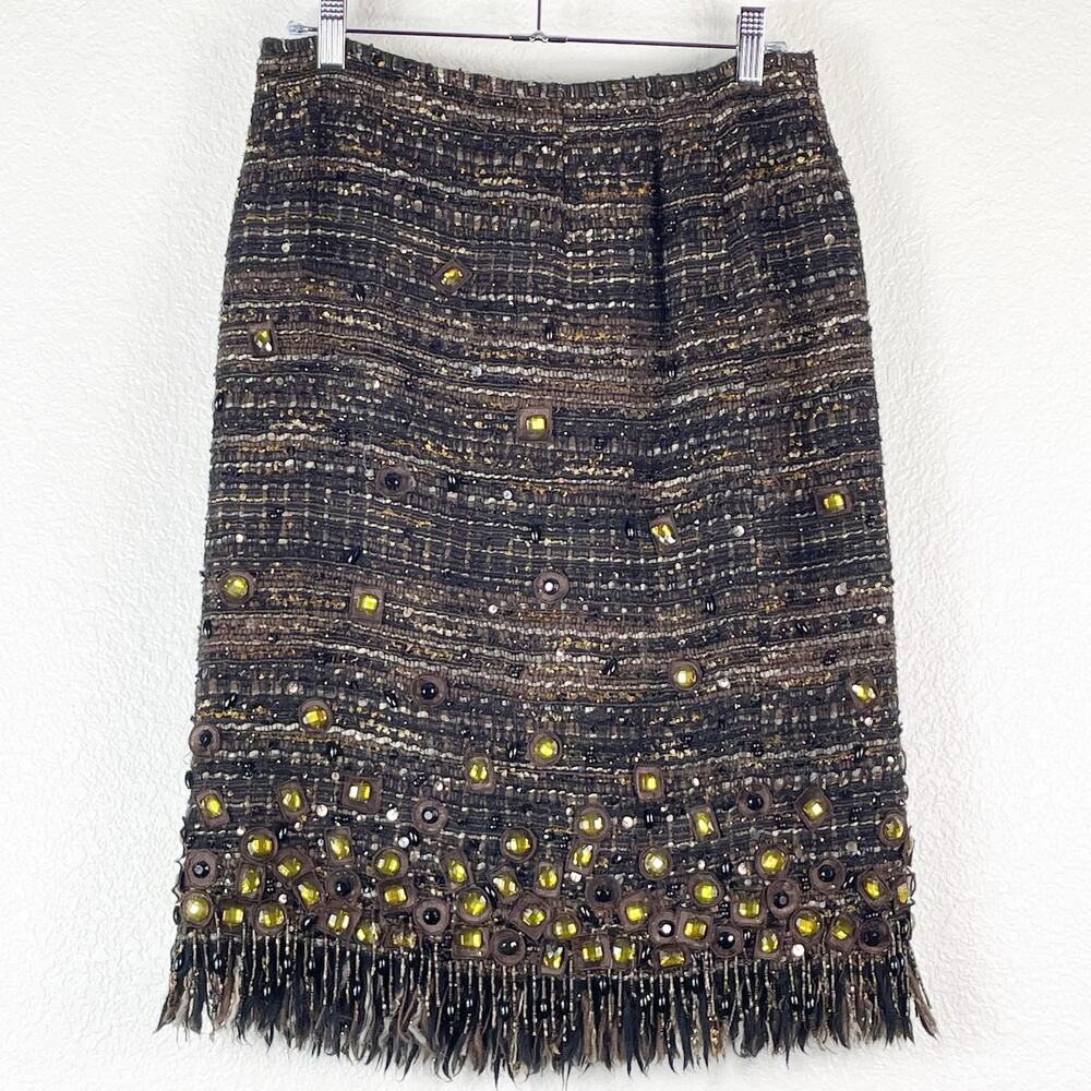 Lafayette 148 Women's Chocolate Brown Fringe Wool Blend Skirt Size 6 Beaded GUC